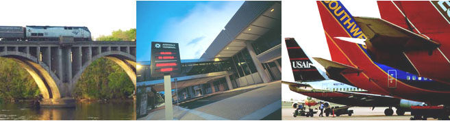 collage: train, terminal, passenger planes