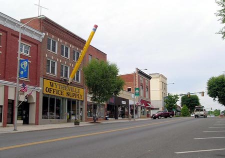 downtown wytheville with large pencil sign