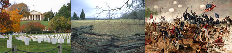 collage: arlington cemetery, manassas battlefield, battle painting